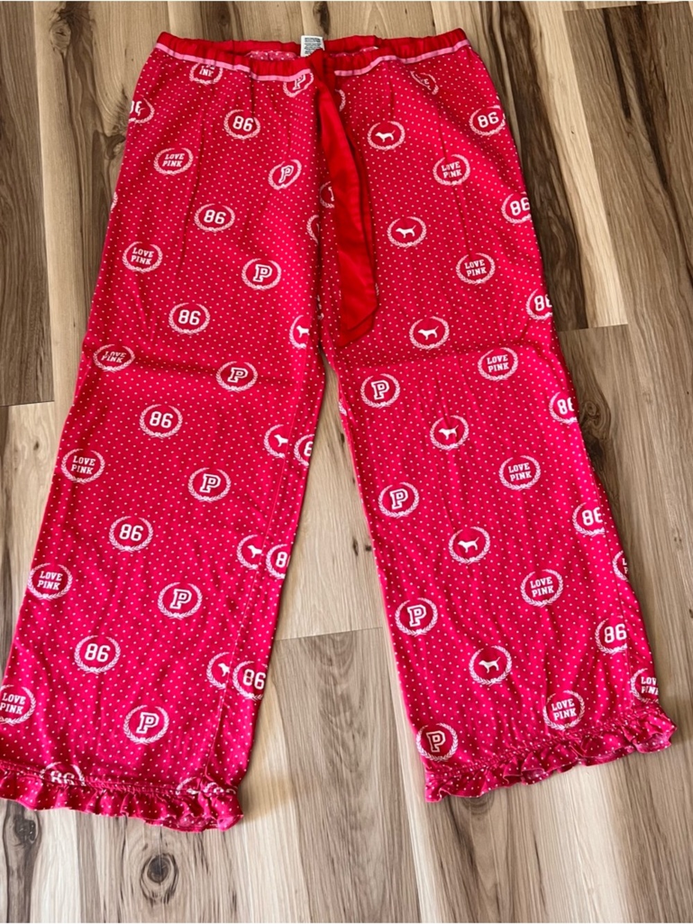 Vintage Y2K PINK Victoria's Secret Red Logo Polka Dot Pajama Ruffle Trim Bottoms